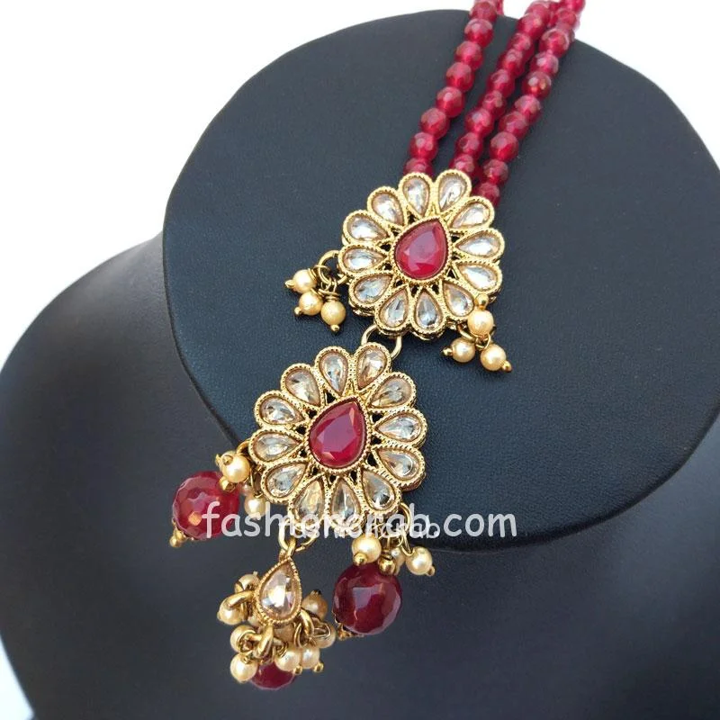 Long Maroon Pearl Earrings with Maangtikka for Saree