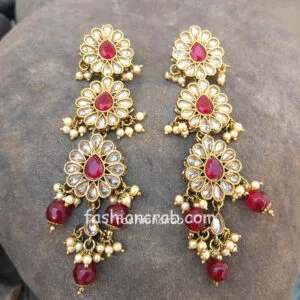 Long Maroon Pearl Earrings with Maangtikka for Saree
