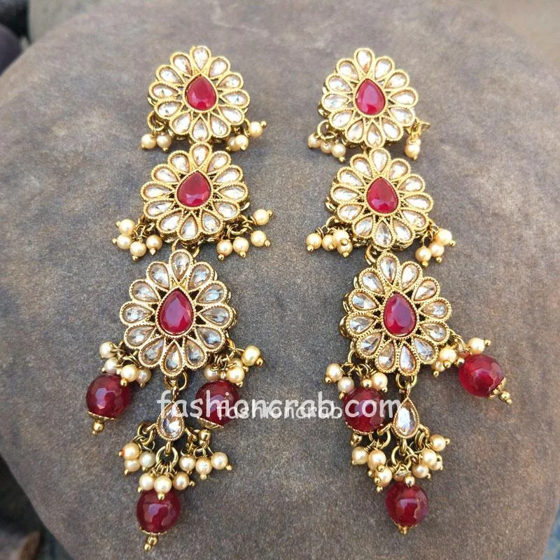 Long Maroon Pearl Earrings with Maangtikka for Saree