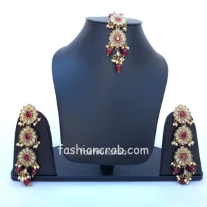 Long Maroon Pearl Earrings with Maangtikka for Saree