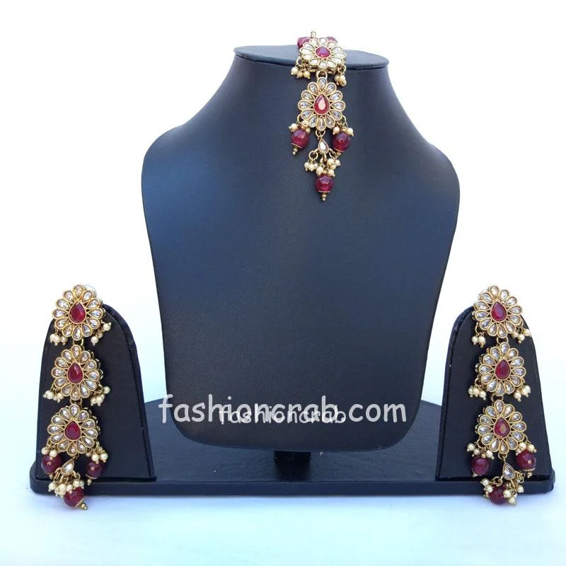 Long Maroon Pearl Earrings with Maangtikka for Saree