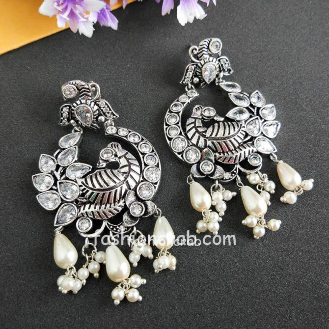 Silver Look Alike Peacock Studded Drop Earring
