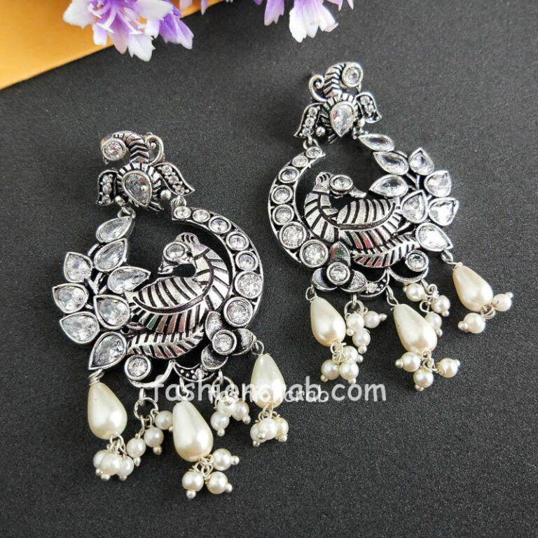 Silver Look Alike Peacock Studded Drop Earring