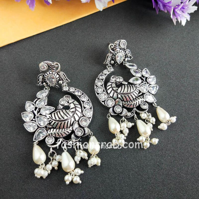 Silver Look Alike Peacock Studded Drop Earring