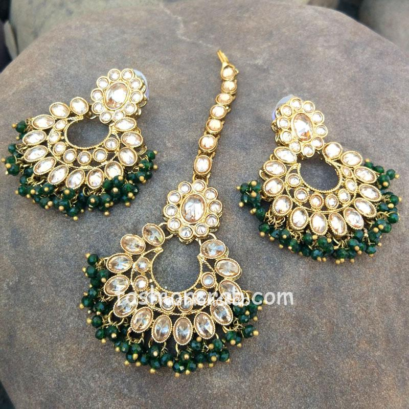Traditional Green Pearl Earrings with Maang Tikka for Festival