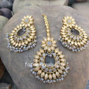 Traditional Grey Earrings with Maang Tikka for Party