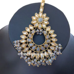Traditional Grey Earrings with Maang Tikka for Party