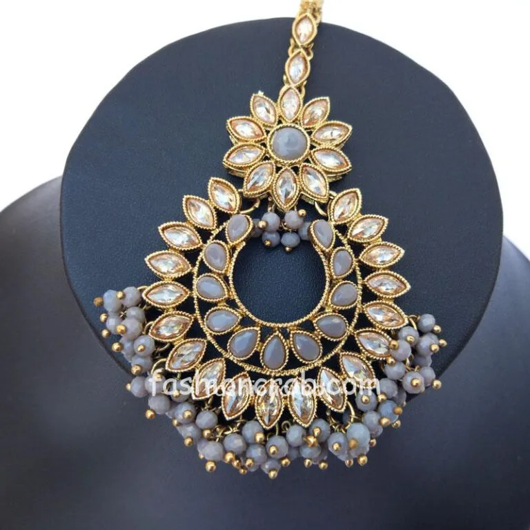 Traditional Grey Earrings with Maang Tikka for Party