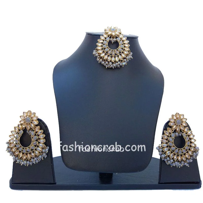 Traditional Grey Earrings with Maang Tikka for Party