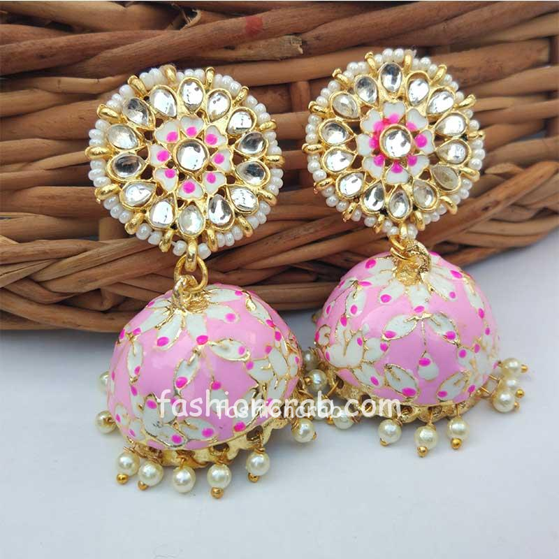 Bollywood Style Indian Light Pink Jhumka Earring | FashionCrab.com