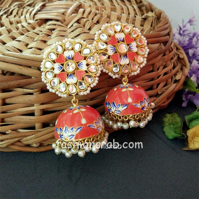 Floral Hand Painted Meenakari Orange Jhumka Earring Floral Hand Painted Meenakari Orange Jhumka Earring