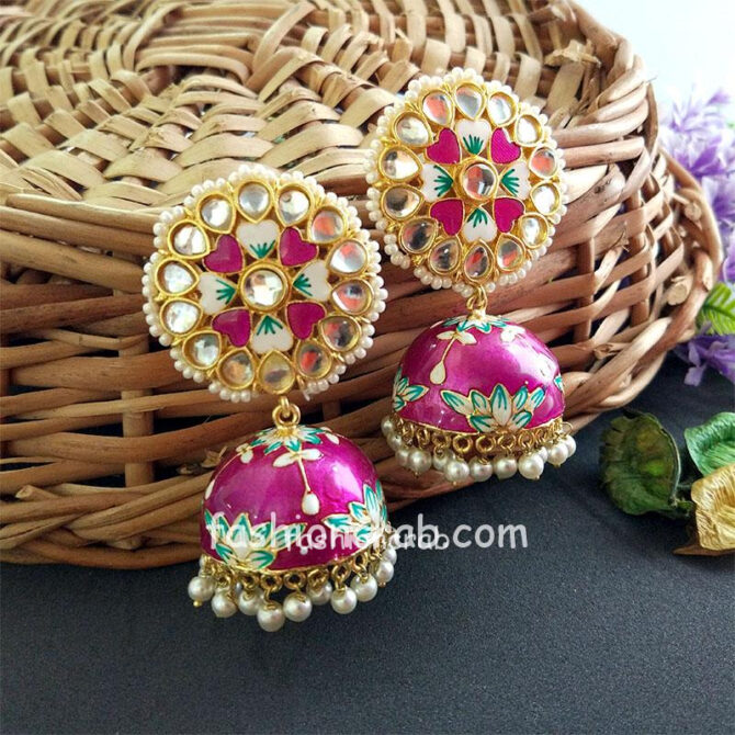 Floral Hand Painted Meenakari Purple Jhumka Earring Floral Hand Painted Meenakari Purple Jhumka Earring