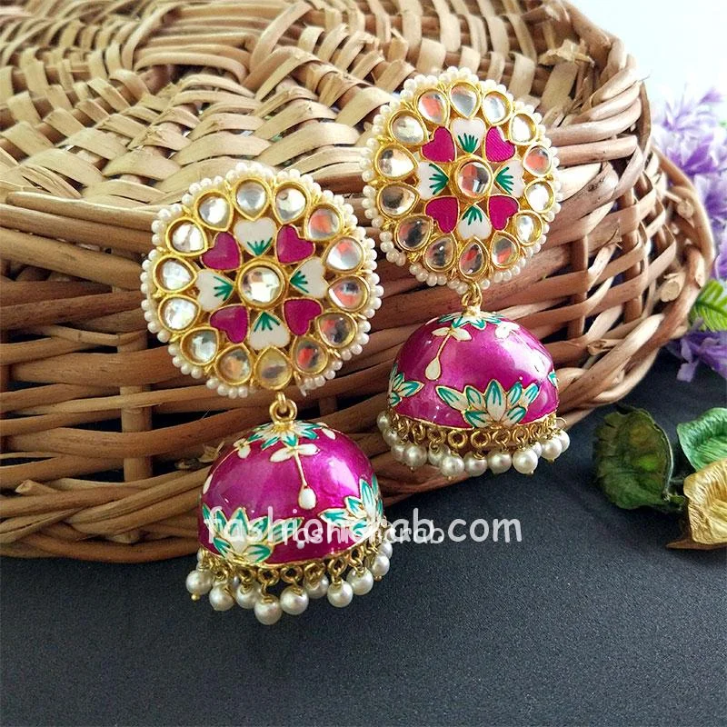 Floral Hand Painted Meenakari Purple Jhumka Earring