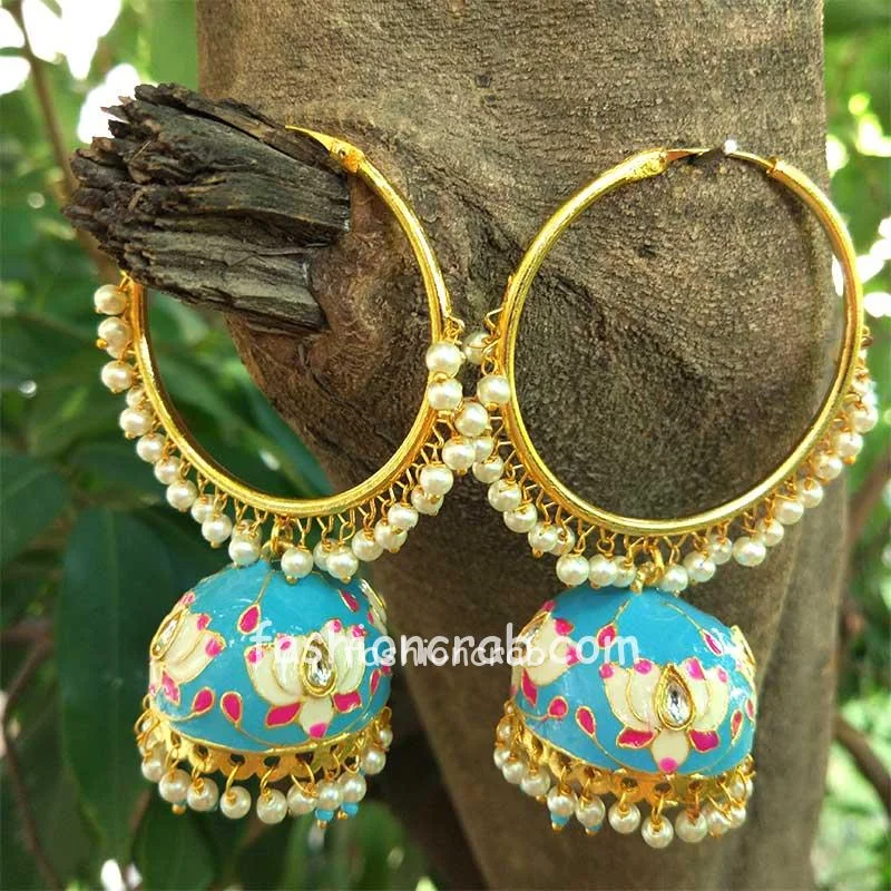 Blue Meenakari Indian Jhumka Earring with Bali