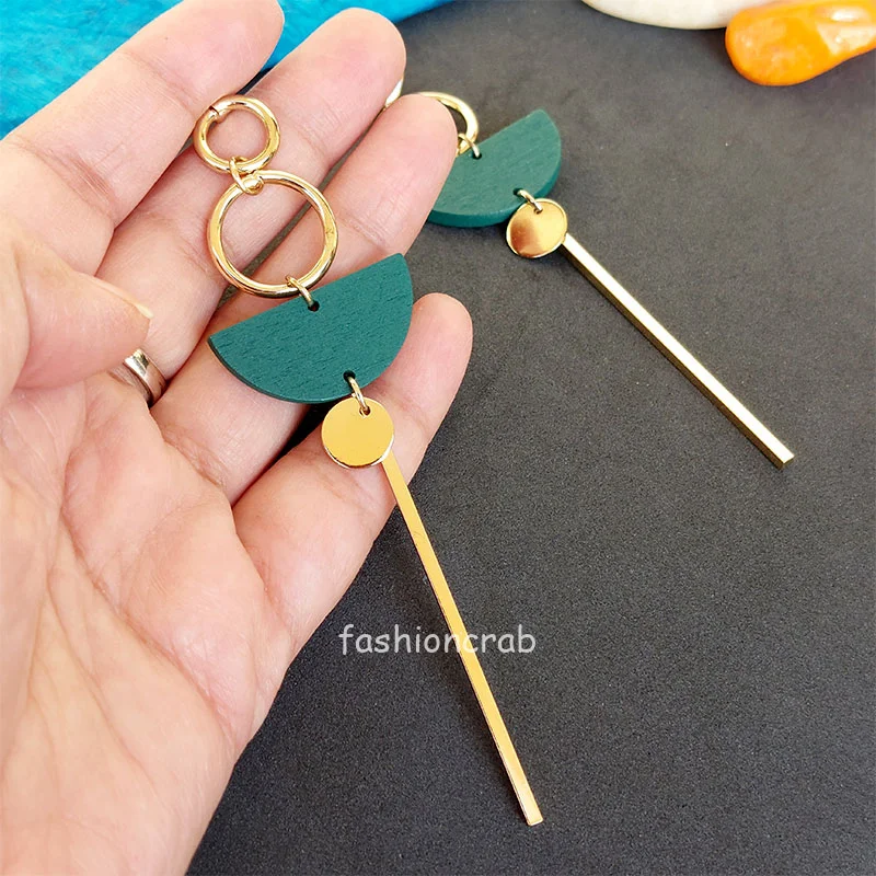 Green Wood Long Drop Earring