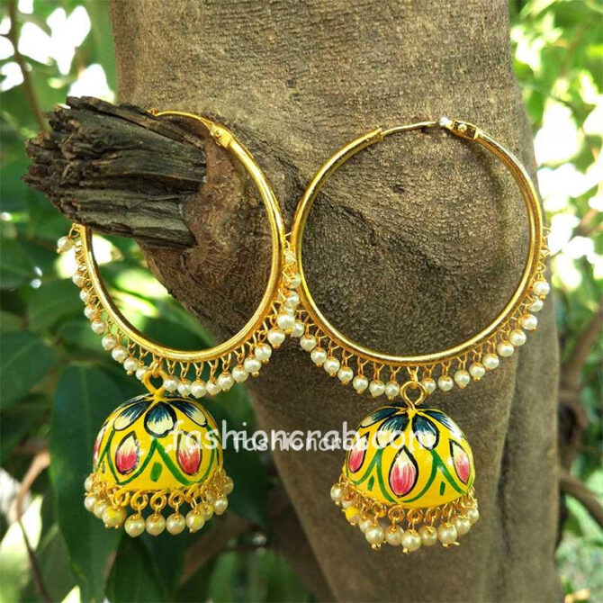 Indian Flower Yellow Meenakari Jhumka Earring with Bali Indian Flower Yellow Meenakari Jhumka Earring with Bali