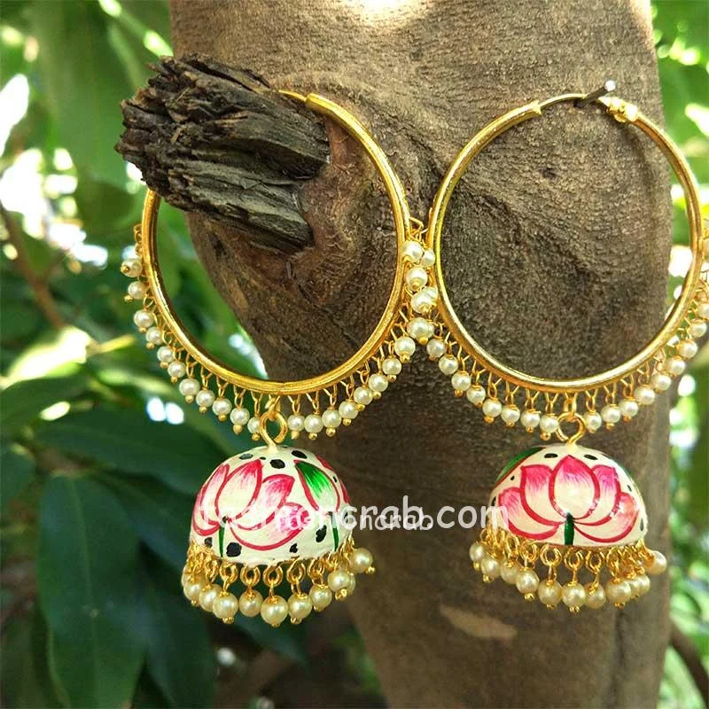 Lotus Meenakari Indian Jhumka Earring with Bali