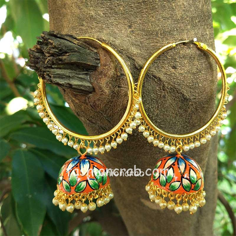 Orange Meenakari Indian Jhumka Earring with Bali