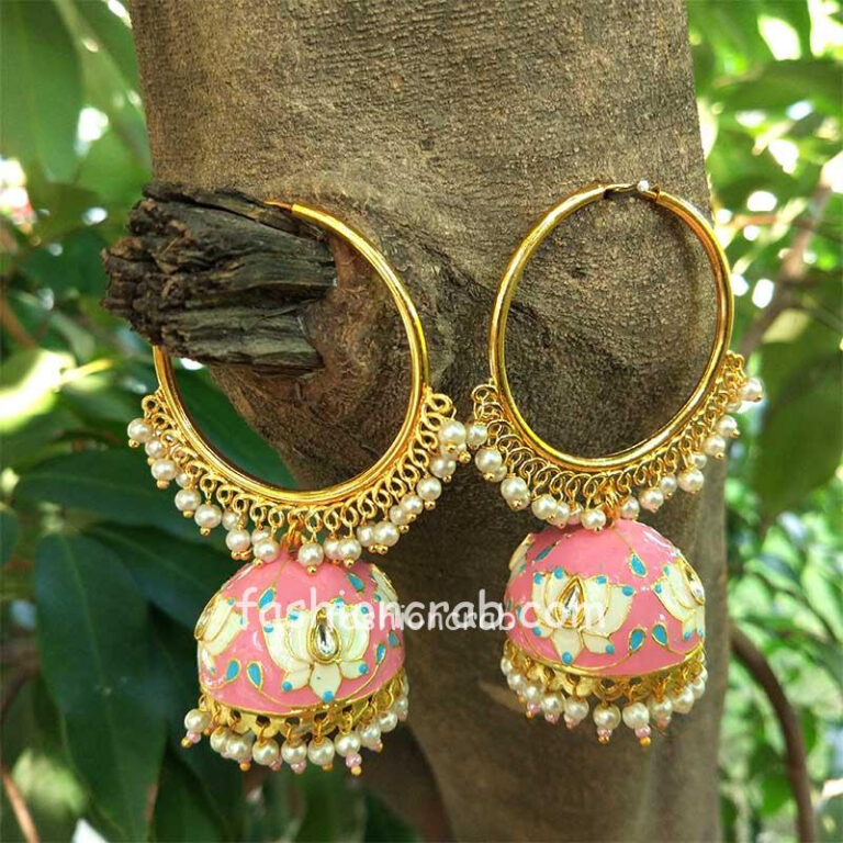 Pink Meenakari Indian Jhumka Earring with Bali