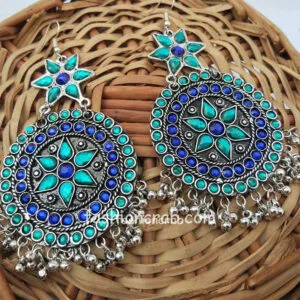 Blue Green Stone Oxidised Chandbali Earrings