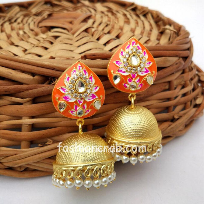 Indian Traditional Orange Meena Jhumki Jhumka Earrings Indian Traditional Orange Meena Jhumki Jhumka Earrings