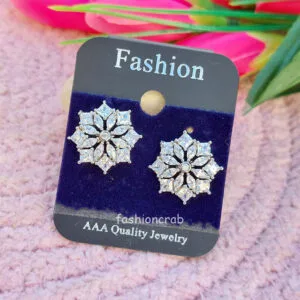 Silver Toned Rhodium Plated Cubic Zirconia Flower Shaped Studs