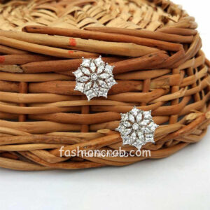 Silver-Toned Rhodium-Plated Cubic Zirconia Flower Shaped Studs
