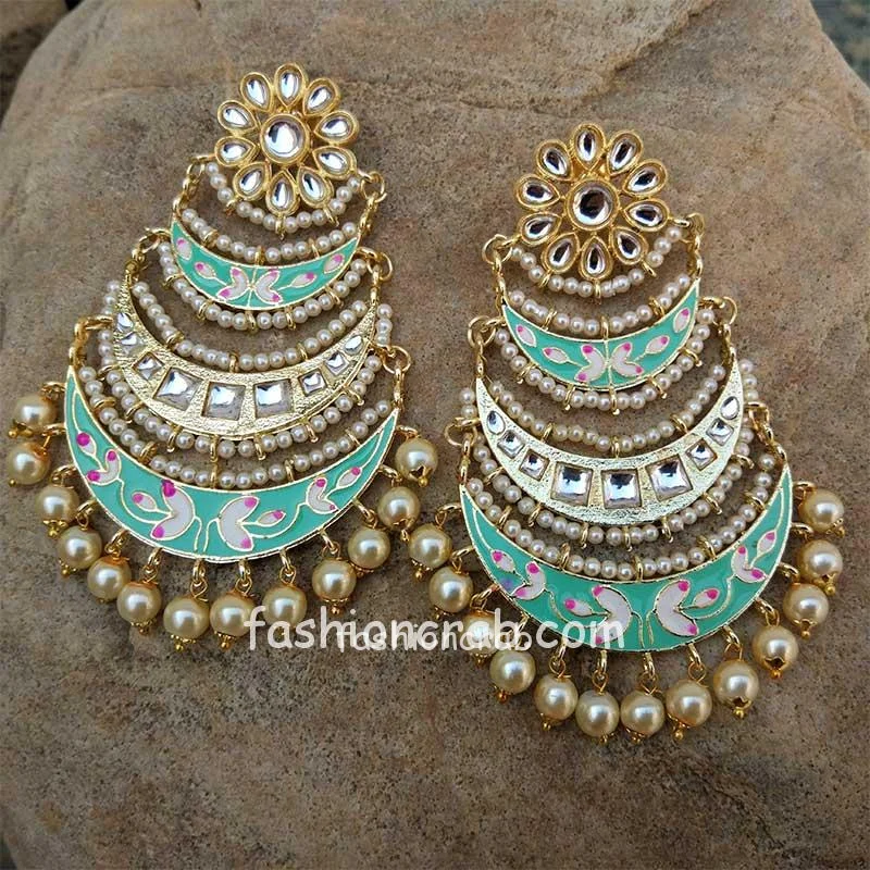 Three Layer Sea Green Meenakari Kundan Chandbali Earring