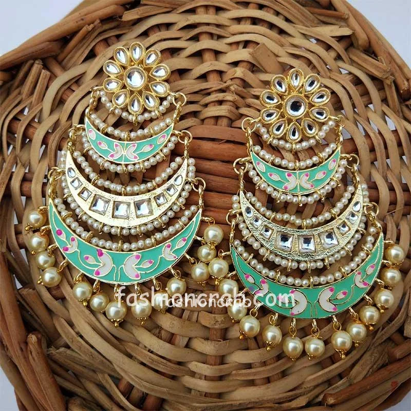 Three Layer Sea Green Meenakari Kundan Chandbali Earring