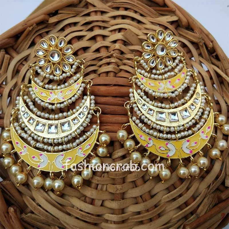Three Layer Yellow Meenakari Kundan Chandbali Earring