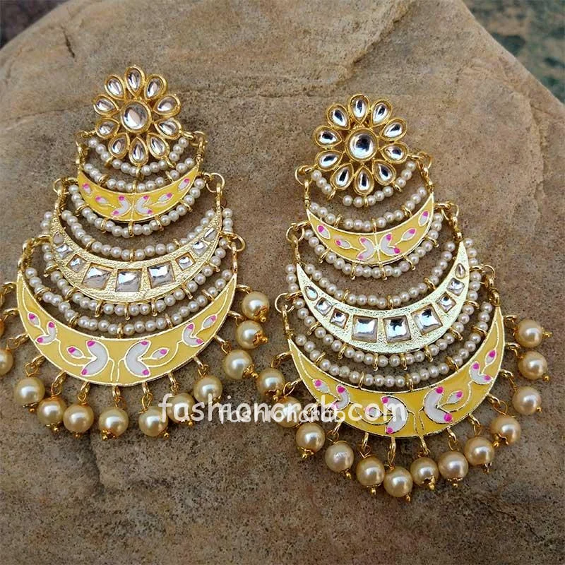 Three Layer Yellow Meenakari Kundan Chandbali Earring