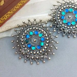 Blue Green Stud Oxidised Earrings