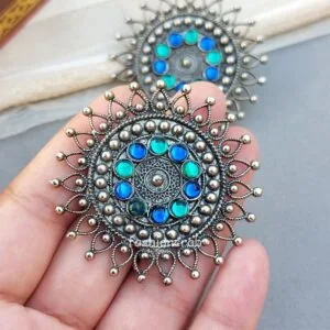 Blue Green Stud Oxidised Earrings