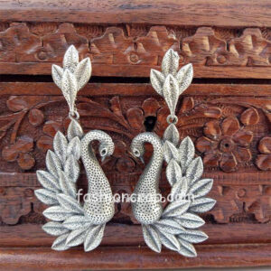 Oxidised Silver Peacock Earrings for Saree