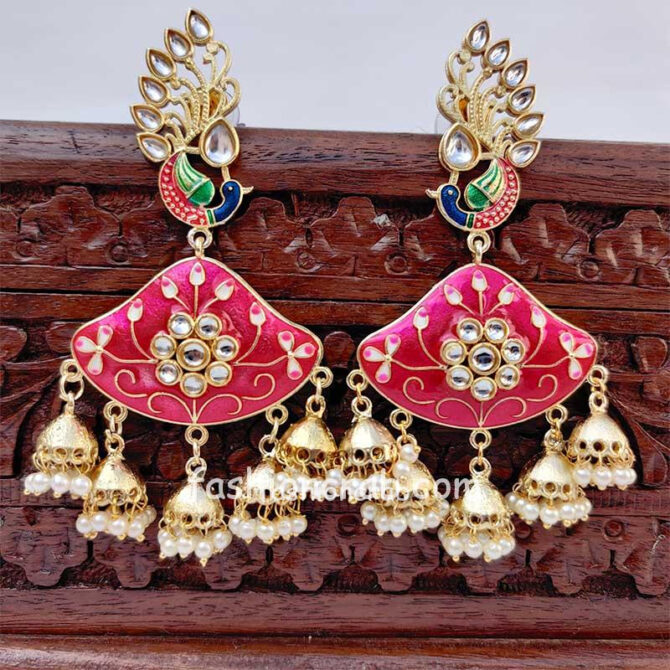 Pink Enamel Pearl Jhumka Chandbali Earrings