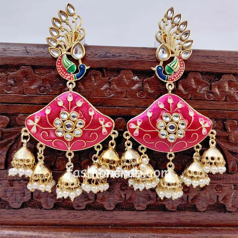 Pink Enamel Pearl Jhumka Chandbali Earrings