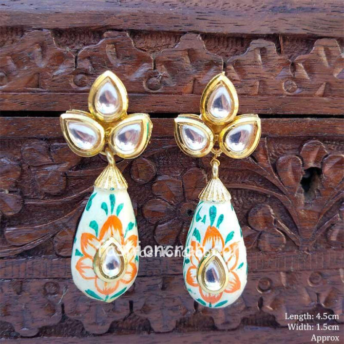 Orange Color HandPainted Kundan Small Drop Earrings for Women Orange Color HandPainted Kundan Small Drop Earrings for Women