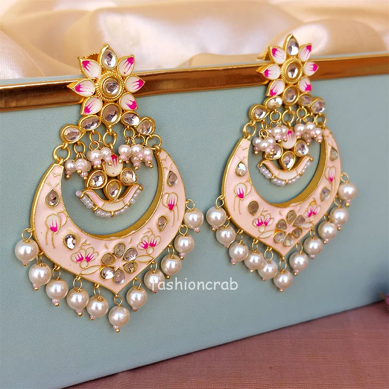 Light Pink Meenakari Chandbali Earrings