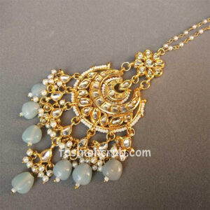 Grey Pearl Kundan Earring with MaangTikka for Lehenga