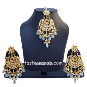 Grey Pearl Kundan Earring with MaangTikka for Lehenga