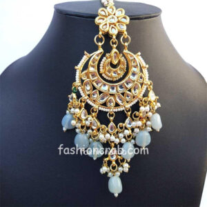 Grey Pearl Kundan Earring with MaangTikka for Lehenga