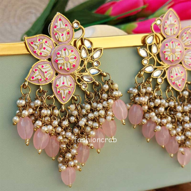 Lavender Pink Enamel Pearl Embellished Chandbali Earring