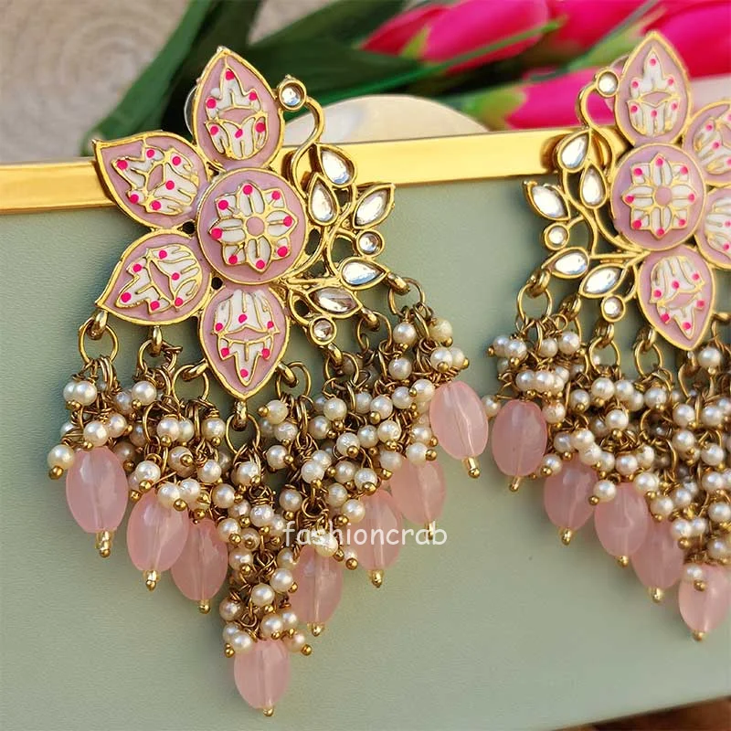Lavender Pink Enamel Pearl Embellished Chandbali Earring