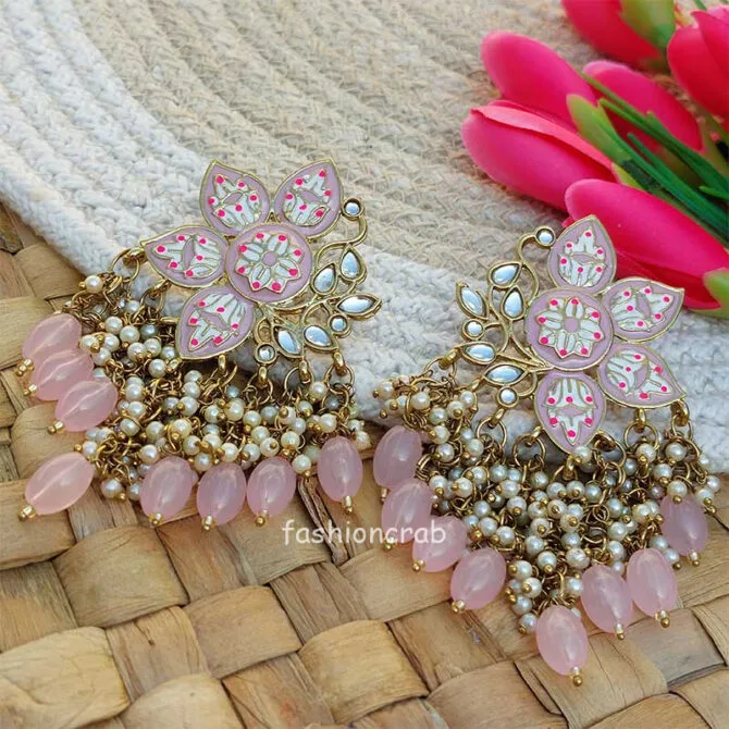 Lavender Pink Enamel Pearl Embellished Chandbali Earring