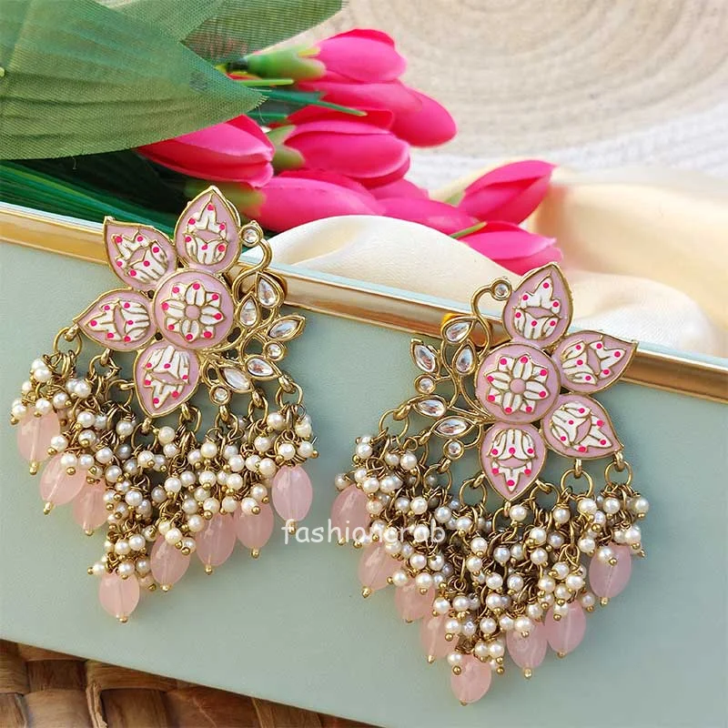 Lavender Pink Enamel Pearl Embellished Chandbali Earring