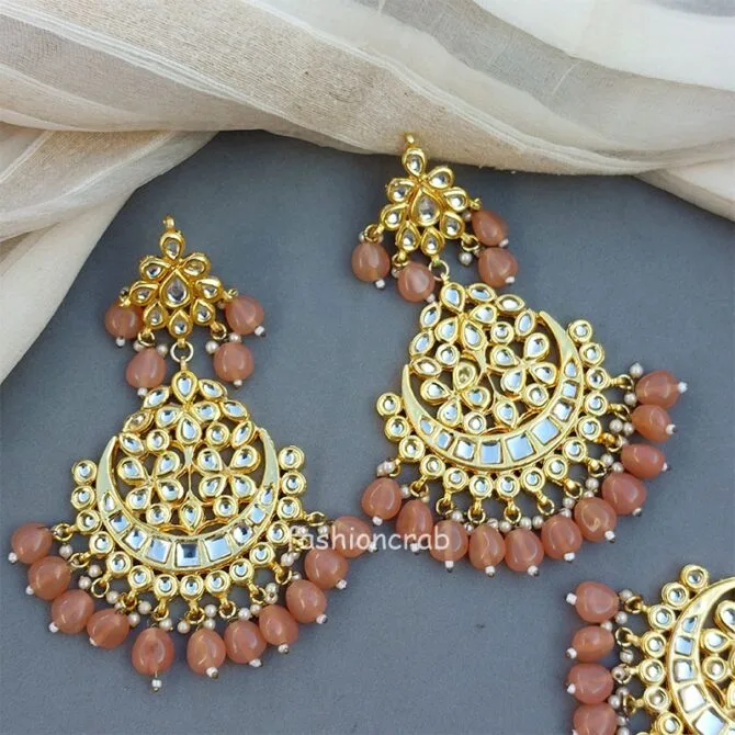 Peach Color Heavy Earrings with Maang Tikka for Wedding