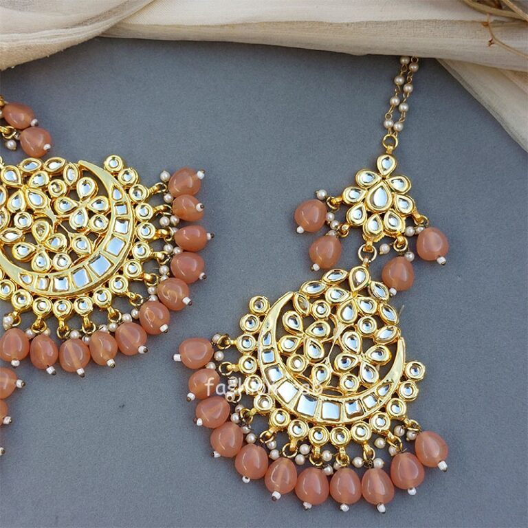 Peach Color Heavy Earrings with Maang Tikka for Wedding