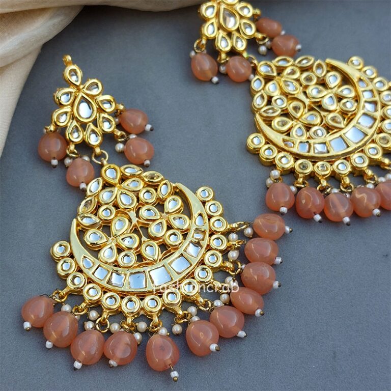 Peach Color Heavy Earrings with Maang Tikka for Wedding