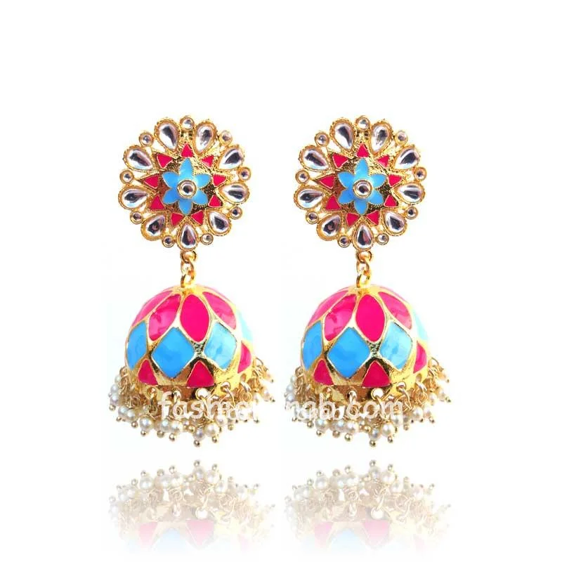 Pink Blue Enamel Jhumka Earring for Lehenga