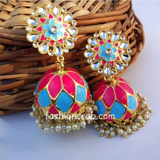 Pink Blue Enamel Jhumka Earring for Lehenga Pink Blue Enamel Jhumka Earring for Lehenga
